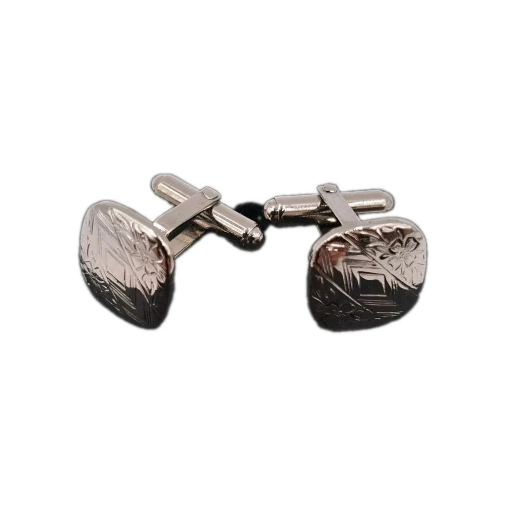 Vintage Mid-Century Silver Tone Square Cufflinks, Etched Diamond & Floral